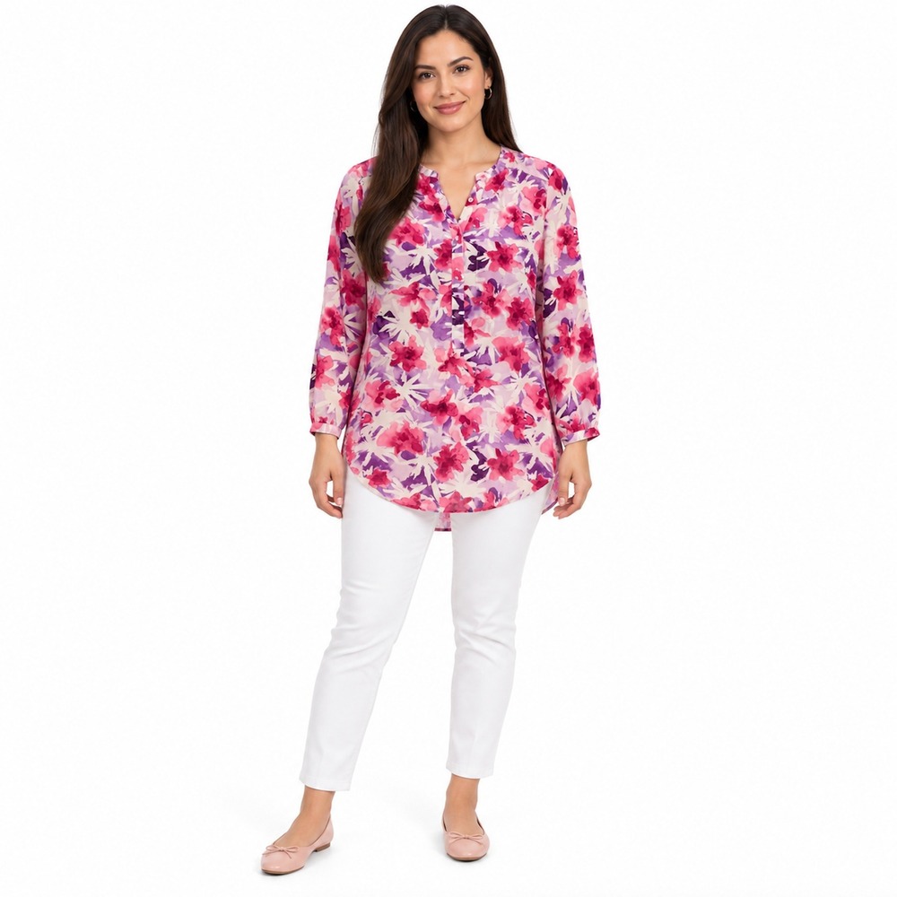 NYDJ Floral Henley Blouse Pink Purple Watercolor 3/4 Sleeve Top PETITE SMALL